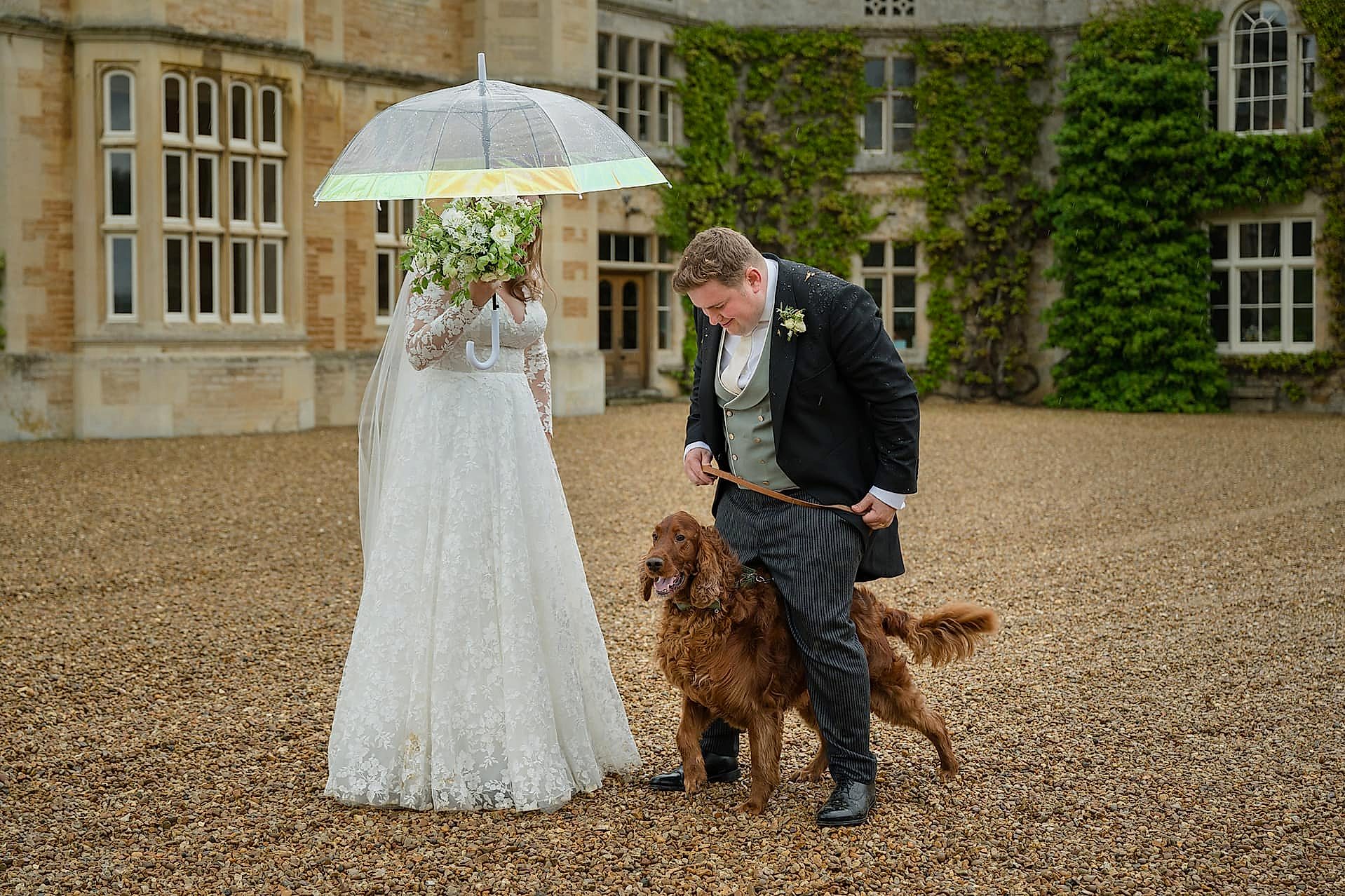 Bride and groom with their Irish red setter dog outside Exton Park Hall