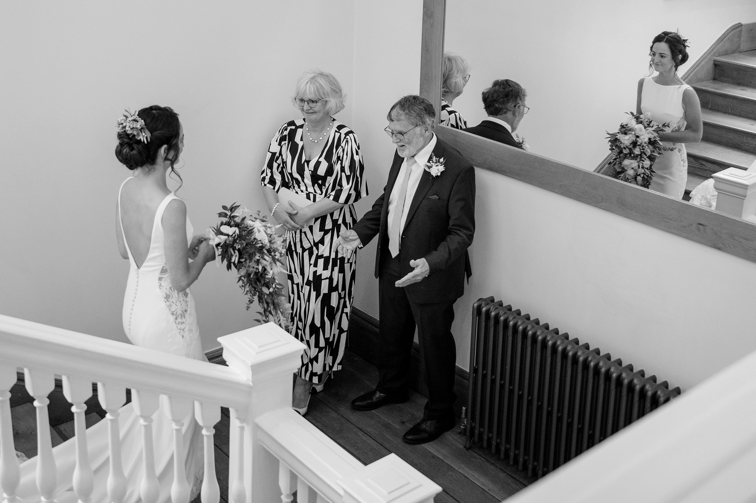 Bride's dad reacting to seeing his daughter in her dress for the first time at Notley Abbey